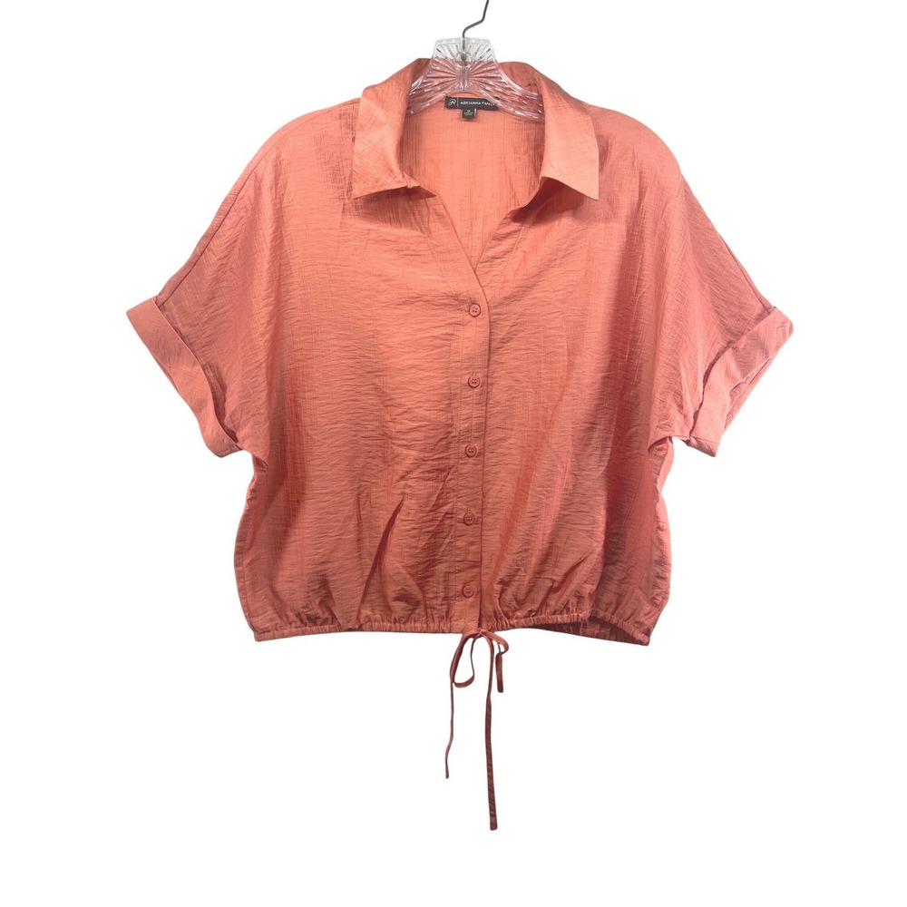 Adrianna Papell Womens Coral Orange Button Down Drawstring Hem Crop Top Medium